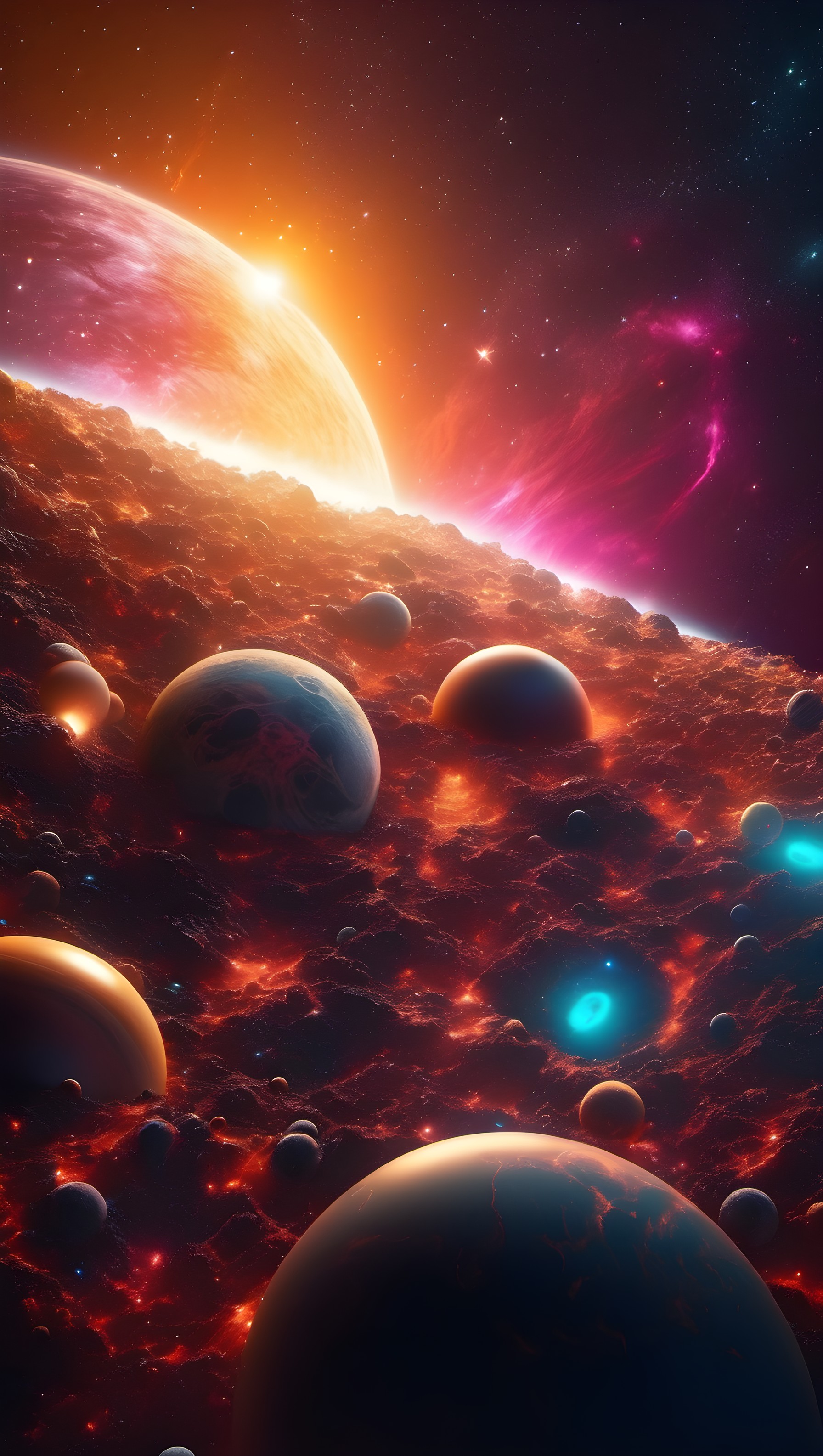 Fiery Alien Planetscape with Cosmic Dawn, space, alien planet, cosmic, nebula, sci-fi, fantasy
