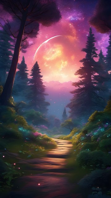 Enchanted Forest Path Under Cosmic Moon & Starry Sky
