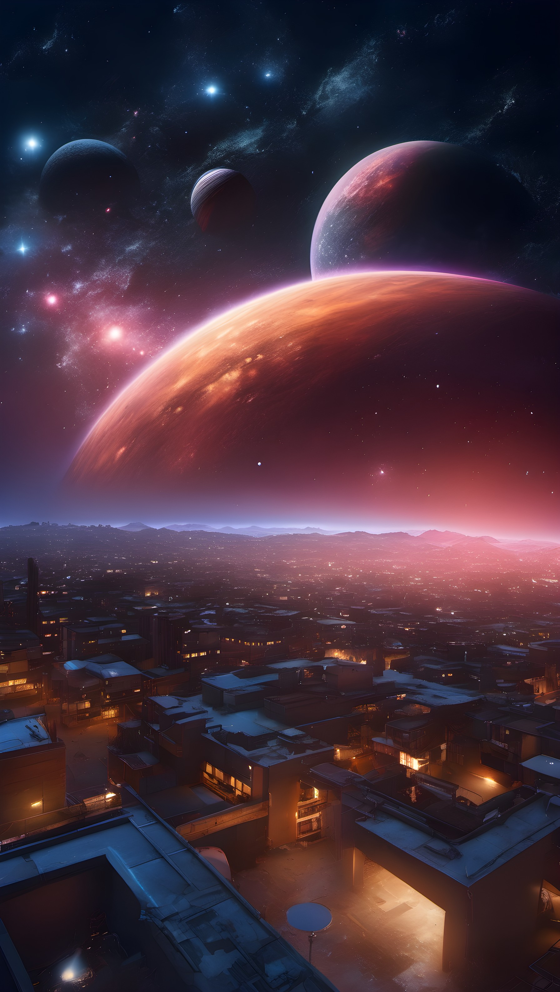 Futuristic City Under Alien Planets Wallpaper, futuristic city, alien planets, space wallpaper, cosmic art, sci-fi, dark