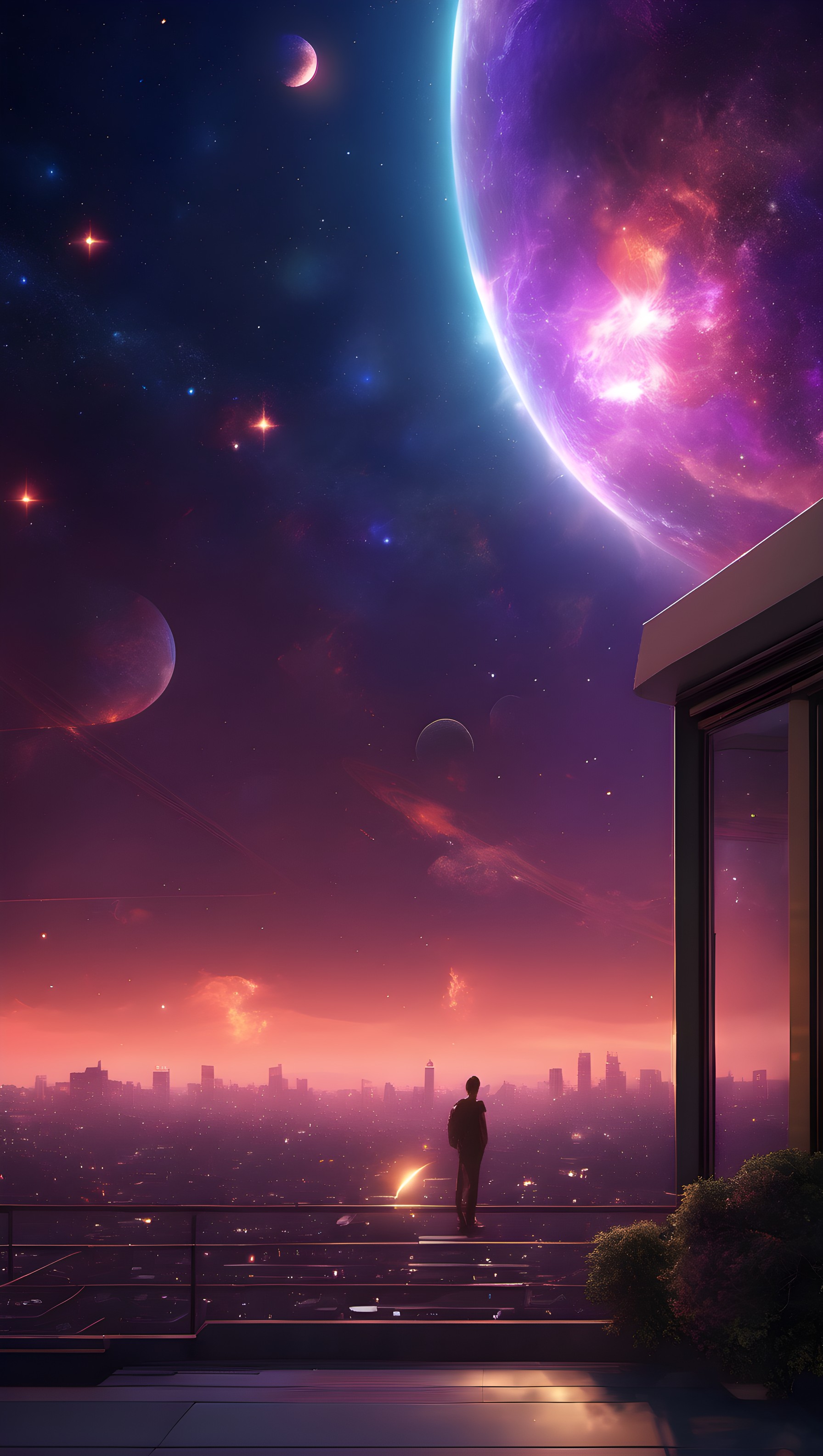 Futuristic City Rooftop View: Cosmic Purple Sky, sci-fi, futuristic city, space, planets, rooftop view, purple sky