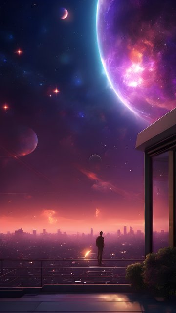 Futuristic City Rooftop View: Cosmic Purple Sky