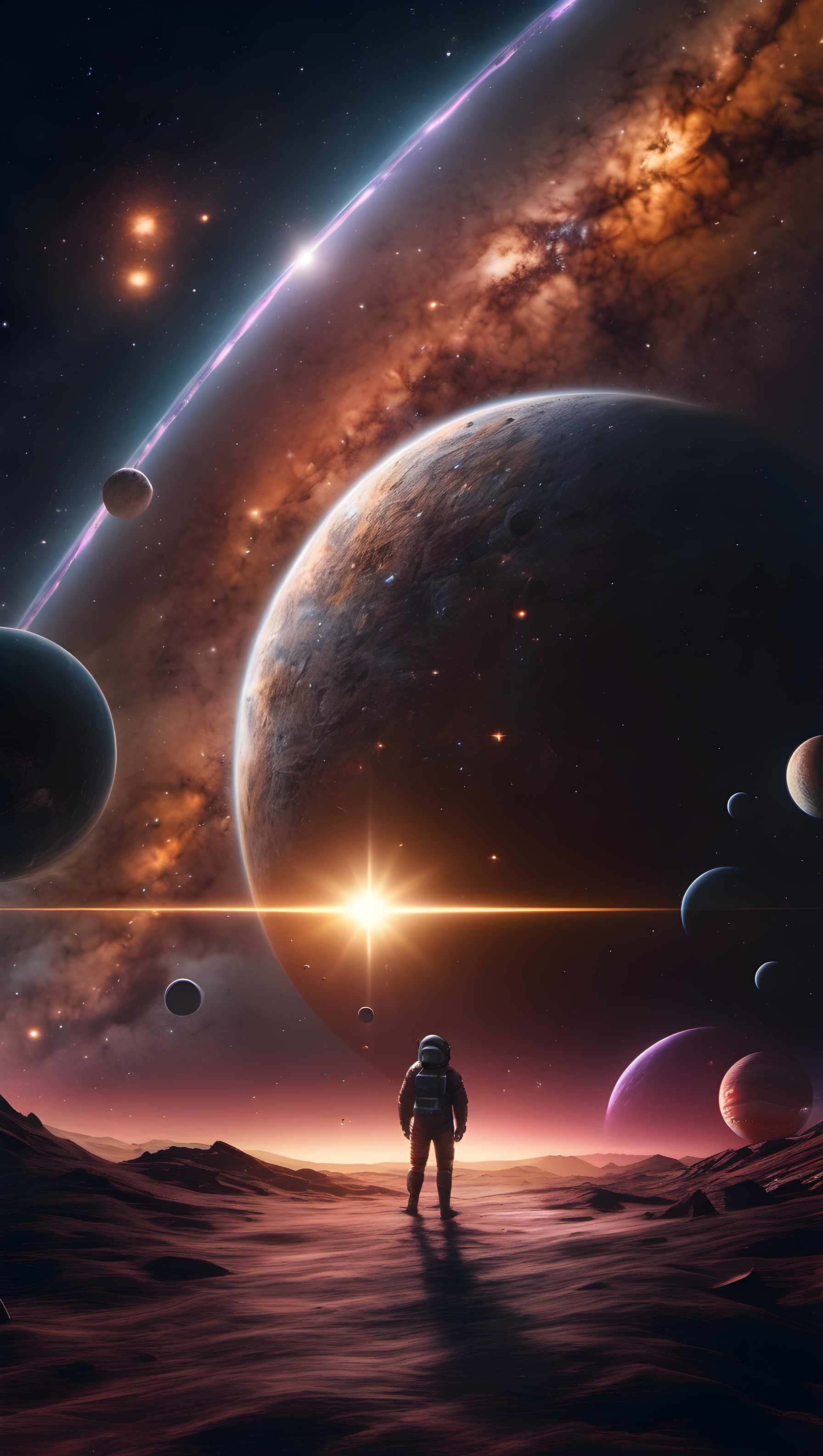 Astronaut on Alien Planet with Cosmic Starfield, astronaut, space, galaxy, planets, sci-fi, cosmic