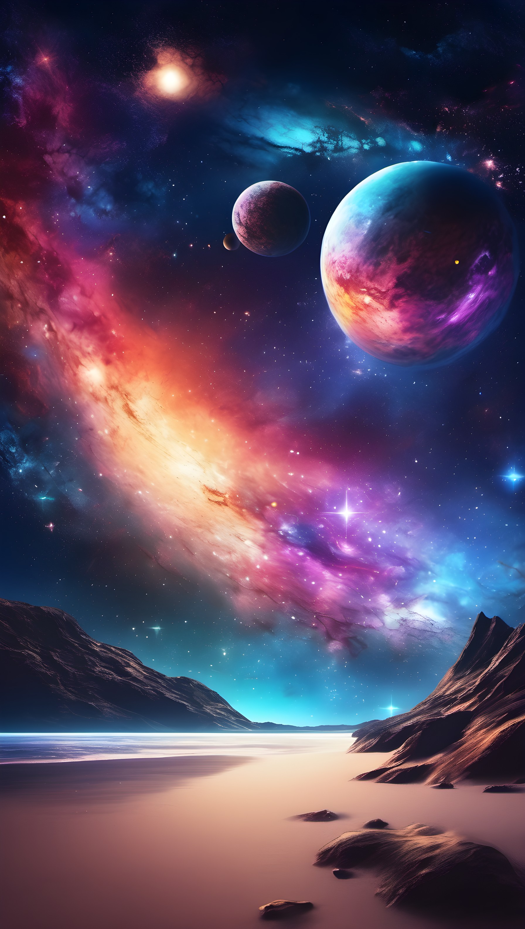 Vibrant Cosmic Beach with Nebulae & Alien Planets, space, galaxy, nebula, planets, alien landscape, cosmic beach