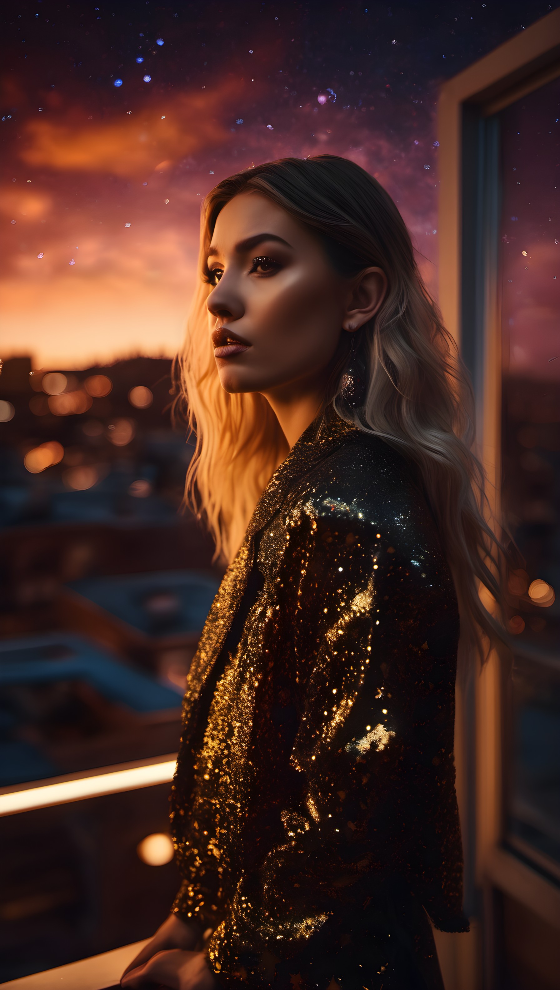 Elegant Woman City Skyline Stargazing Sunset Wallpaper, glamorous woman, stargazing, city skyline, sunset sky, cosmic night, sequin jacket