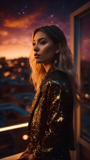 Elegant Woman City Skyline Stargazing Sunset Wallpaper