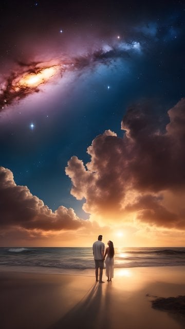 Couple Stargazing Sunset Beach Galaxy Wallpaper