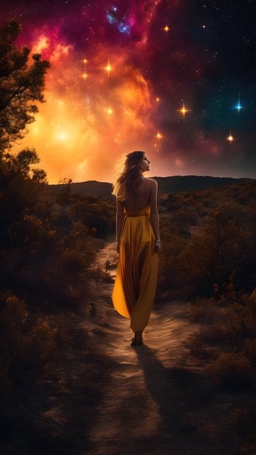 Mystical Journey Under Cosmic Sky: Woman in Golden Dress