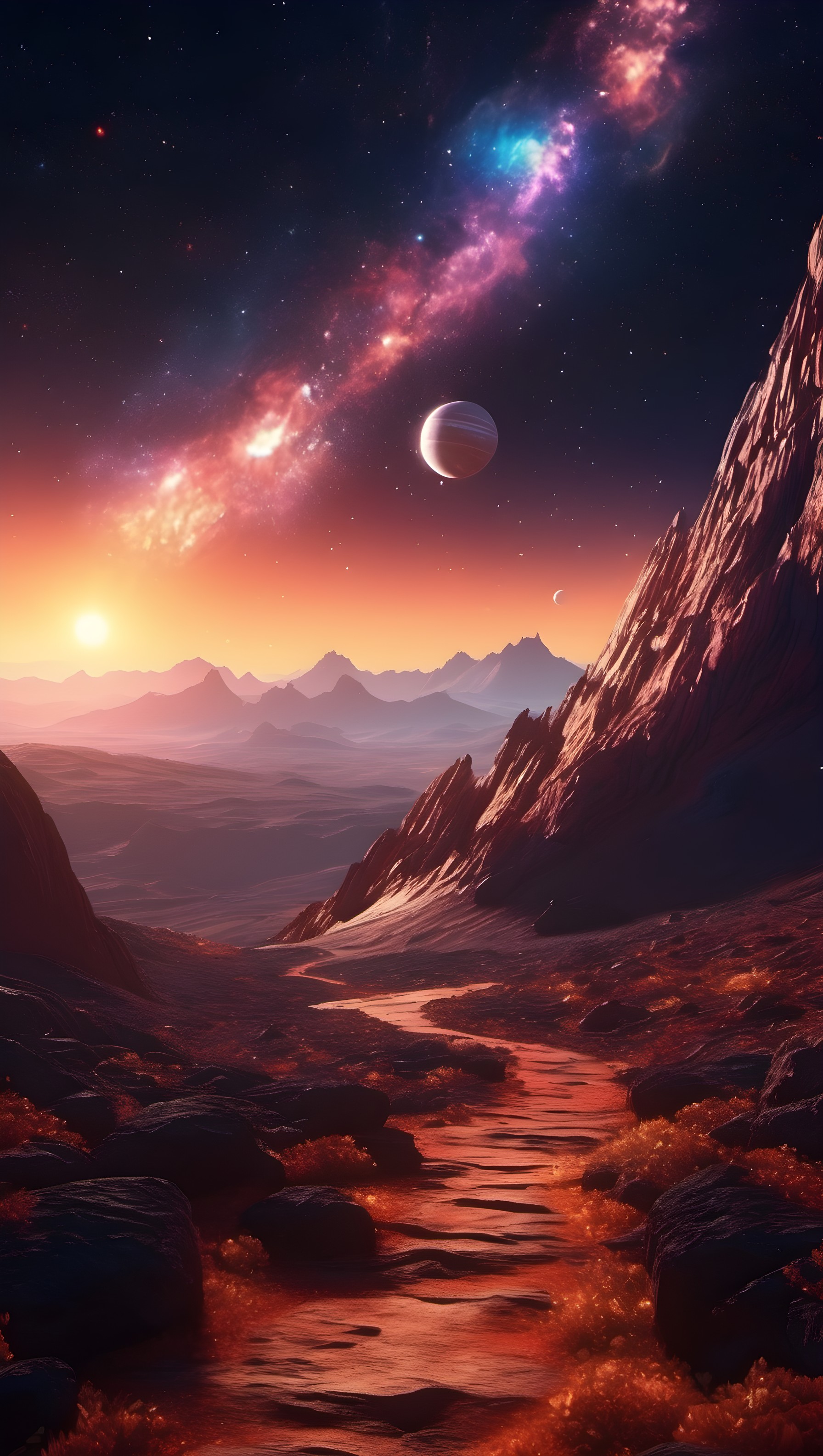 Cosmic Alien Planet Sunset Landscape Wallpaper, alien planet, cosmic galaxy, sunset, nebula, sci-fi, vibrant
