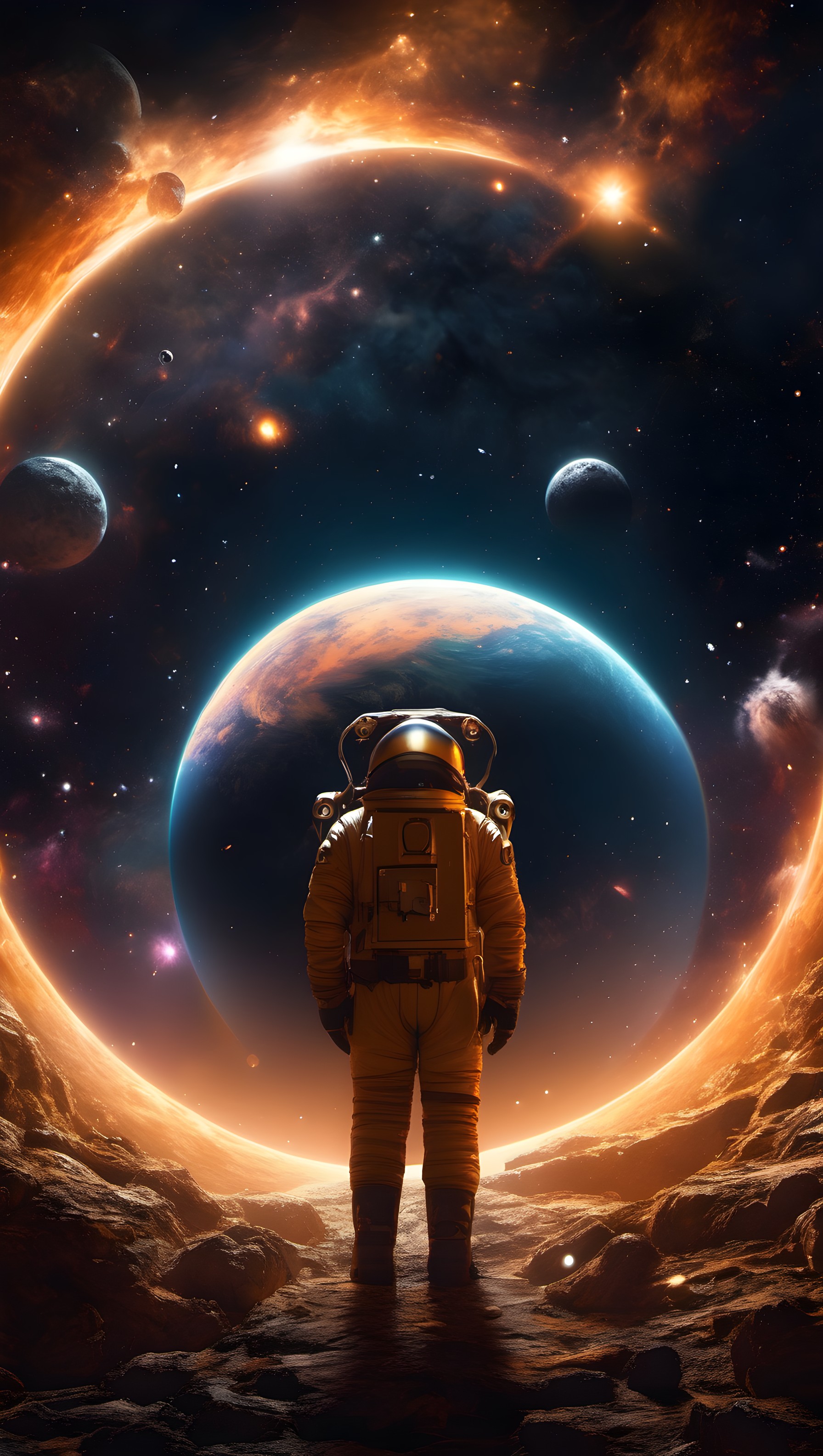 Astronaut on Alien Planet with Fiery Nebula, astronaut, space, galaxy, nebula, planet, sci-fi art