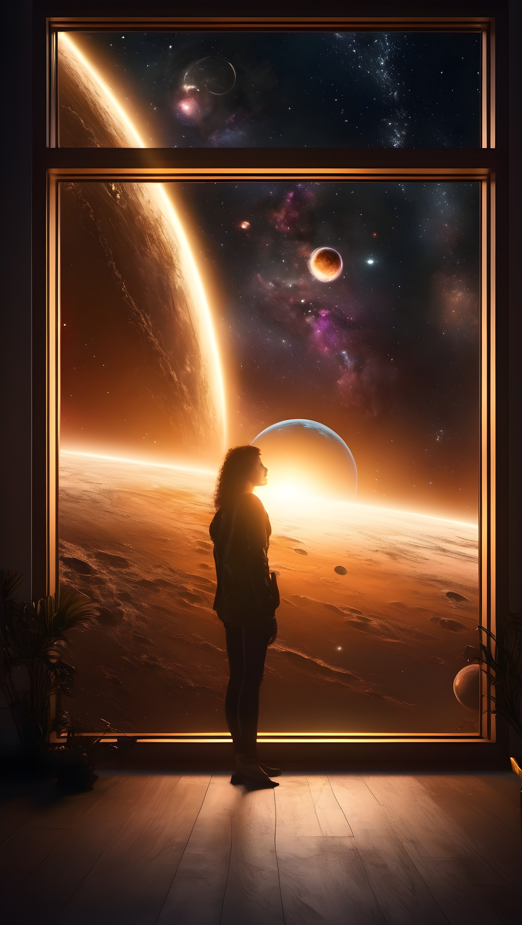 Cosmic Window View: Person & Glowing Planets Silhouette, space wallpaper, cosmic view, futuristic, silhouette, planets, galaxy