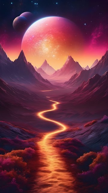 Cosmic Mountain Valley with Glowing River & Alien Planet