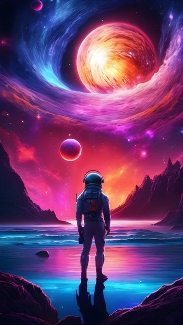 Astronaut on Alien World with Cosmic Nebula Sky