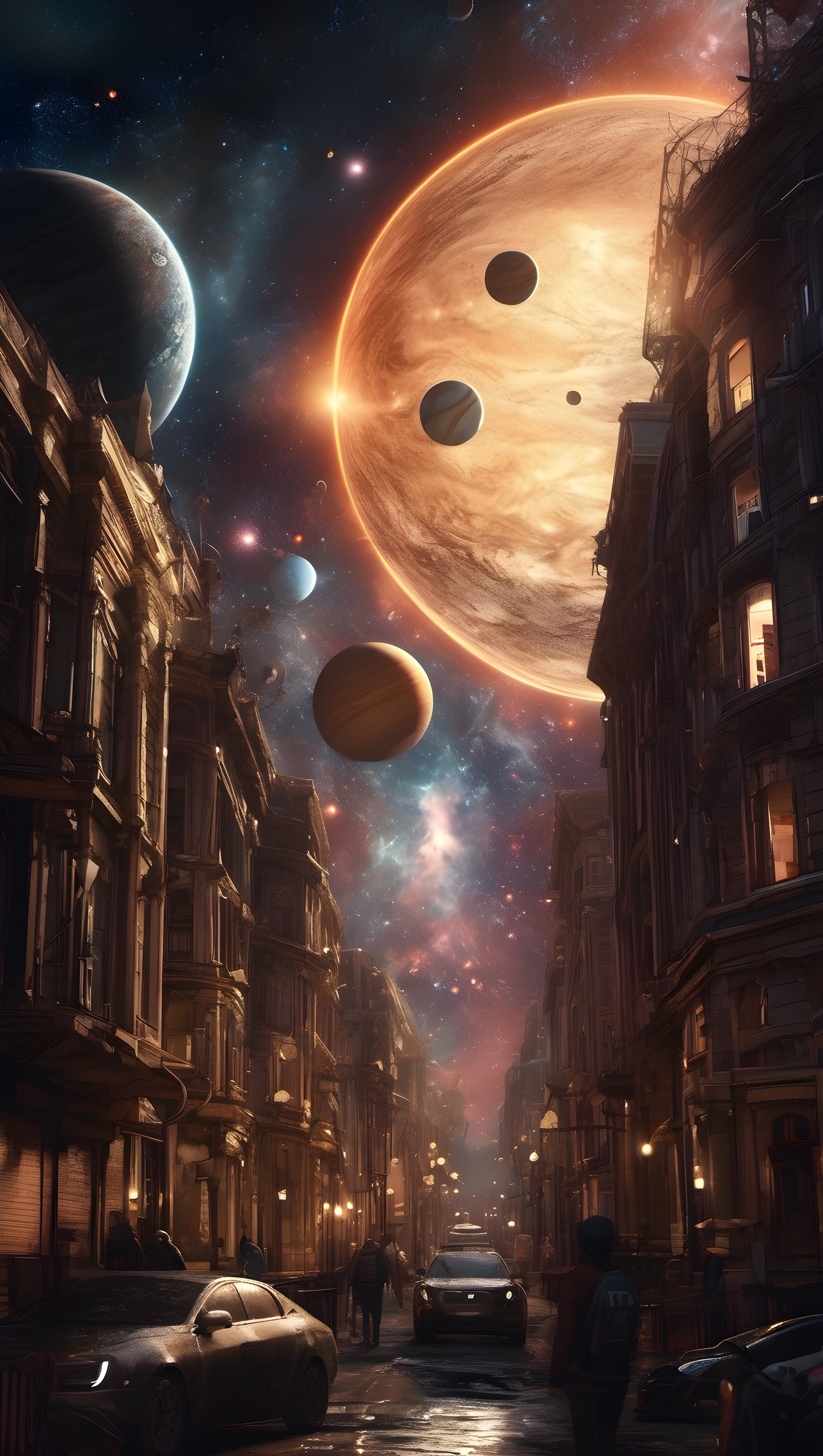 Cosmic City Street with Giant Planets Night Sky, sci-fi city, space wallpaper, planets night, urban fantasy, cosmic street, aesthetic