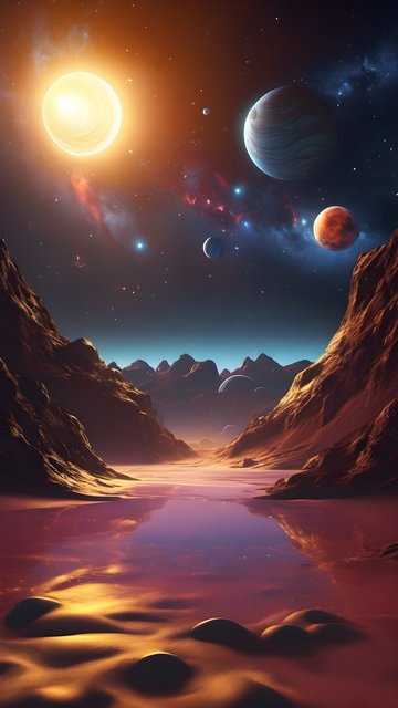 Vibrant Alien World with Cosmic Sky & Reflective Lake
