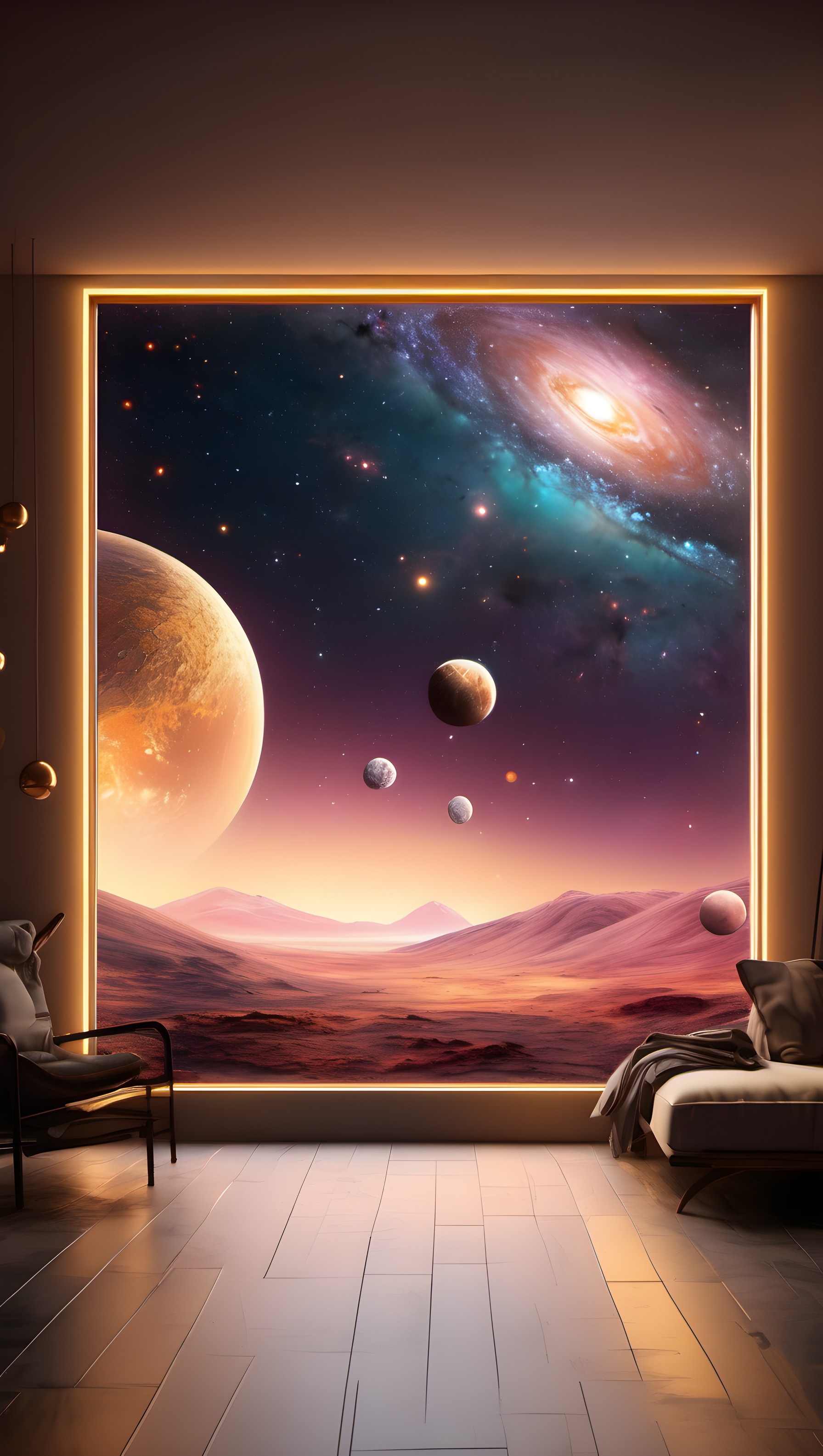 Sci-Fi Window View: Galaxy, Planets, Alien Landscape, space, galaxy, planets, alien landscape, sci-fi, futuristic