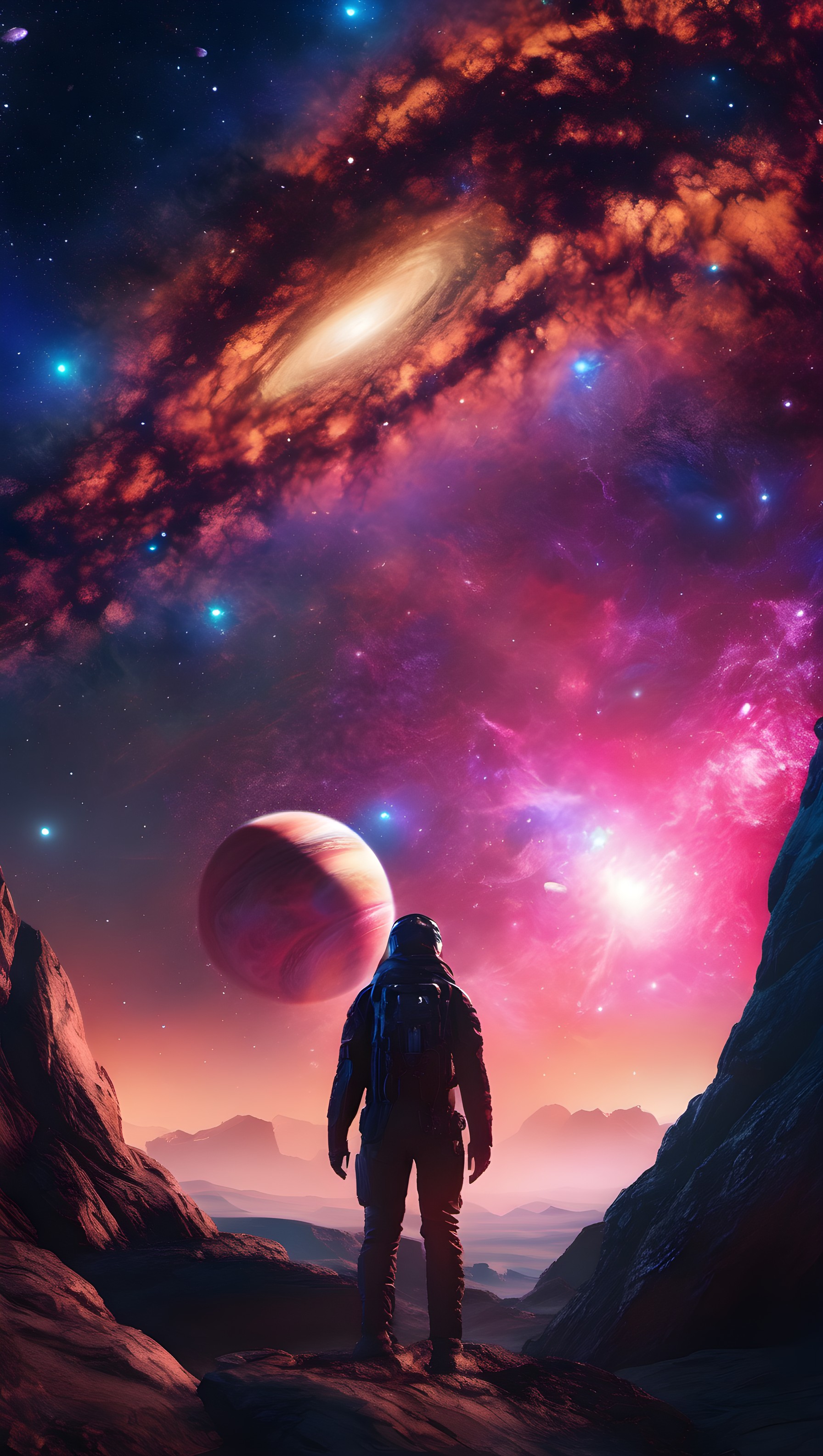 Astronaut Explores Vibrant Alien Galaxy Wallpaper, astronaut, space wallpaper, galaxy art, nebula, alien planet, sci-fi