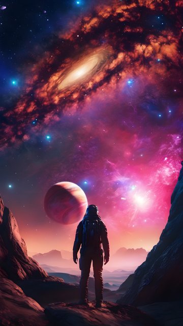 Astronaut Explores Vibrant Alien Galaxy Wallpaper