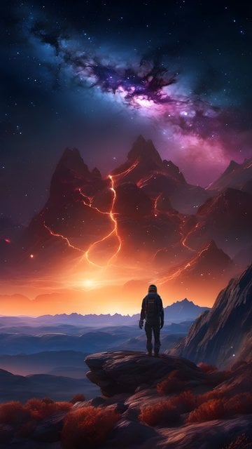 Astronaut Overlooking Fiery Alien Mountains & Nebula