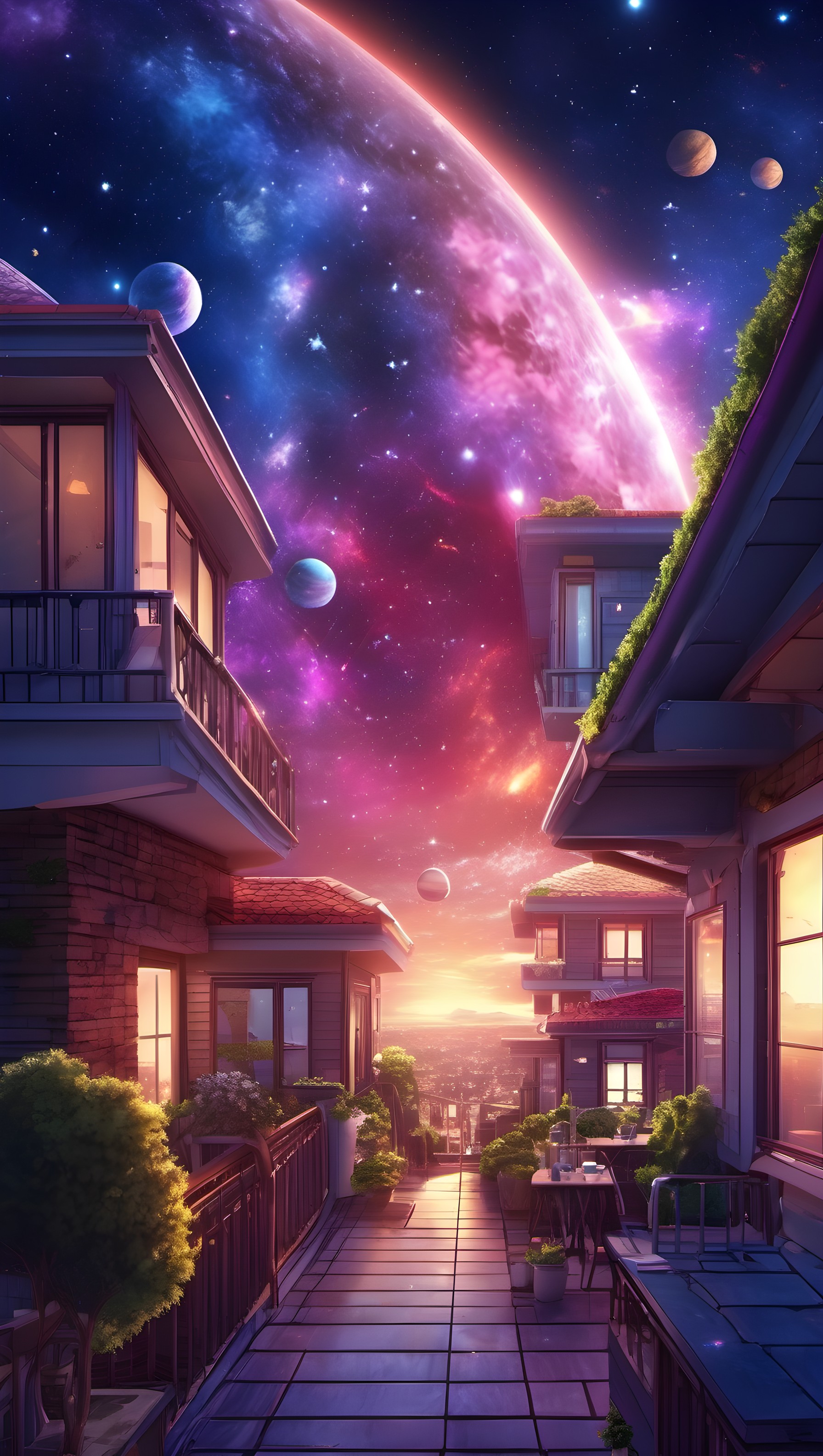 Vibrant Cosmic City Balcony View at Sunset, cosmic, fantasy, sci-fi, cityscape, balcony, planets