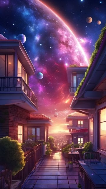 Vibrant Cosmic City Balcony View at Sunset