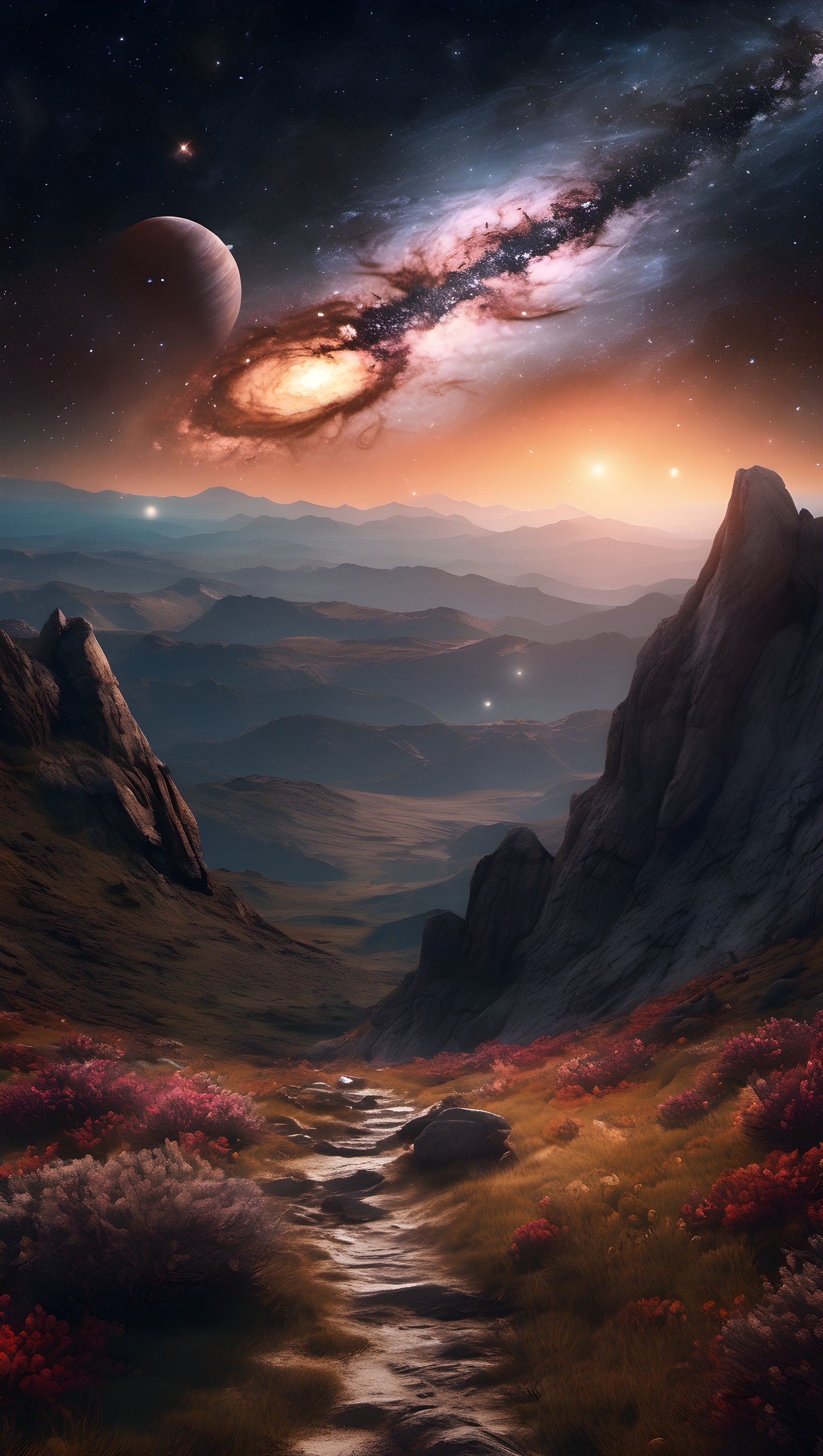 Alien Mountain Landscape with Galaxy & Planet View, alien landscape, galaxy wallpaper, fantasy mountains, space art, cosmic view, planet background