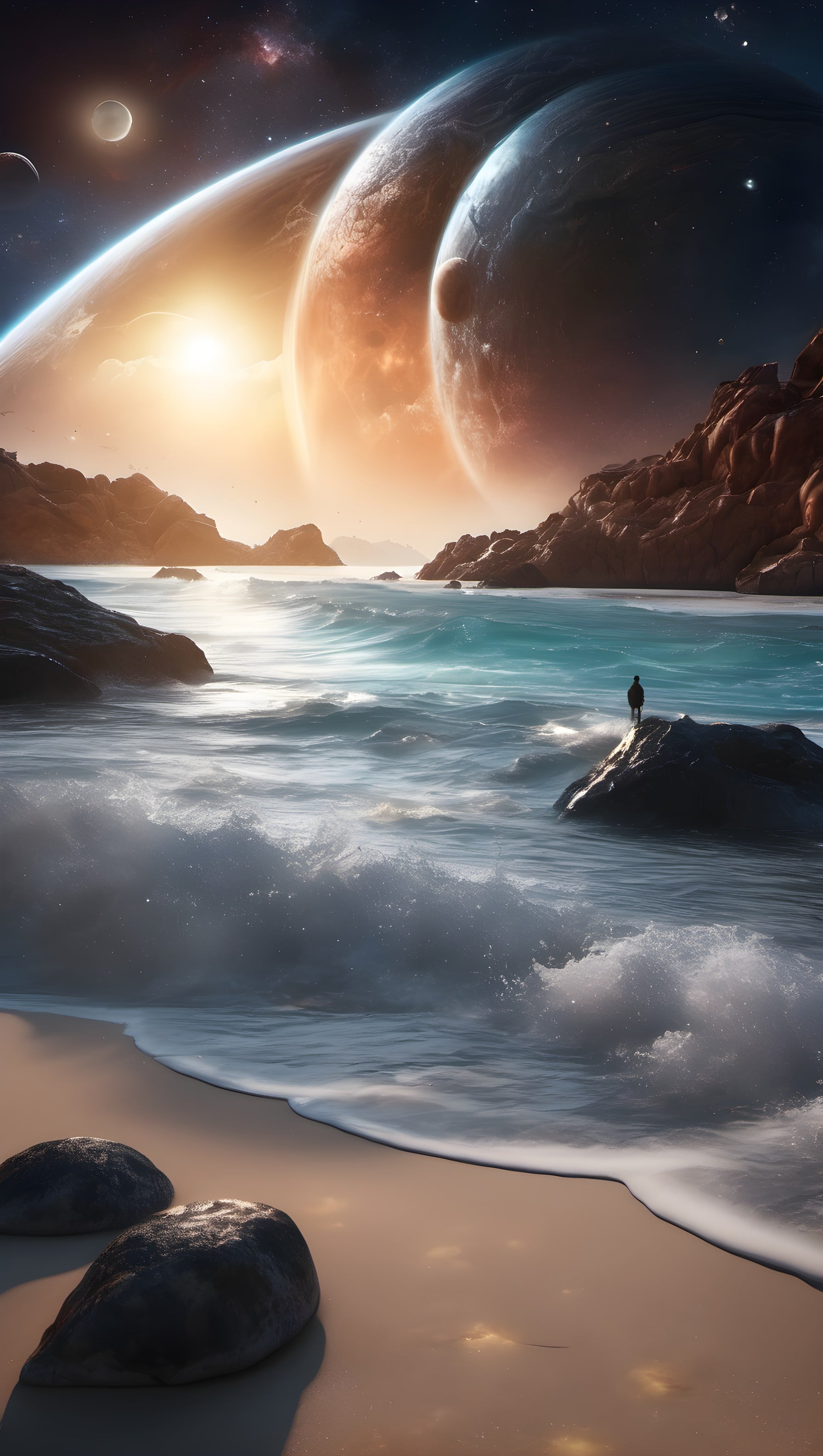 Cosmic Beach Solitude: Alien Sunset & Crashing Waves, alien beach, sci-fi wallpaper, fantasy landscape, cosmic ocean, planets, space art
