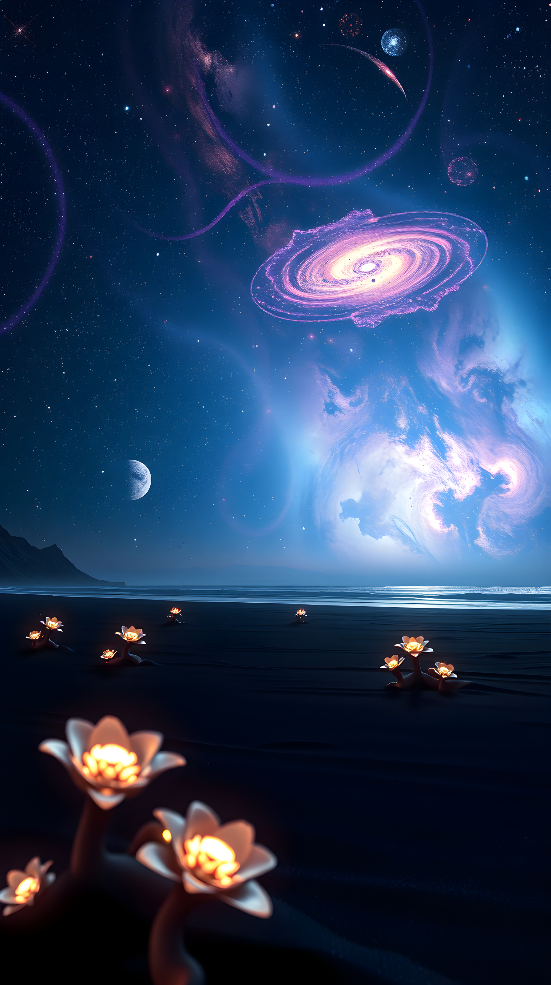 Cosmic Shore Glowing Lotus Galaxy Mobile Wallpaper, cosmic, galaxy, fantasy, sci-fi, glowing flowers, night sky