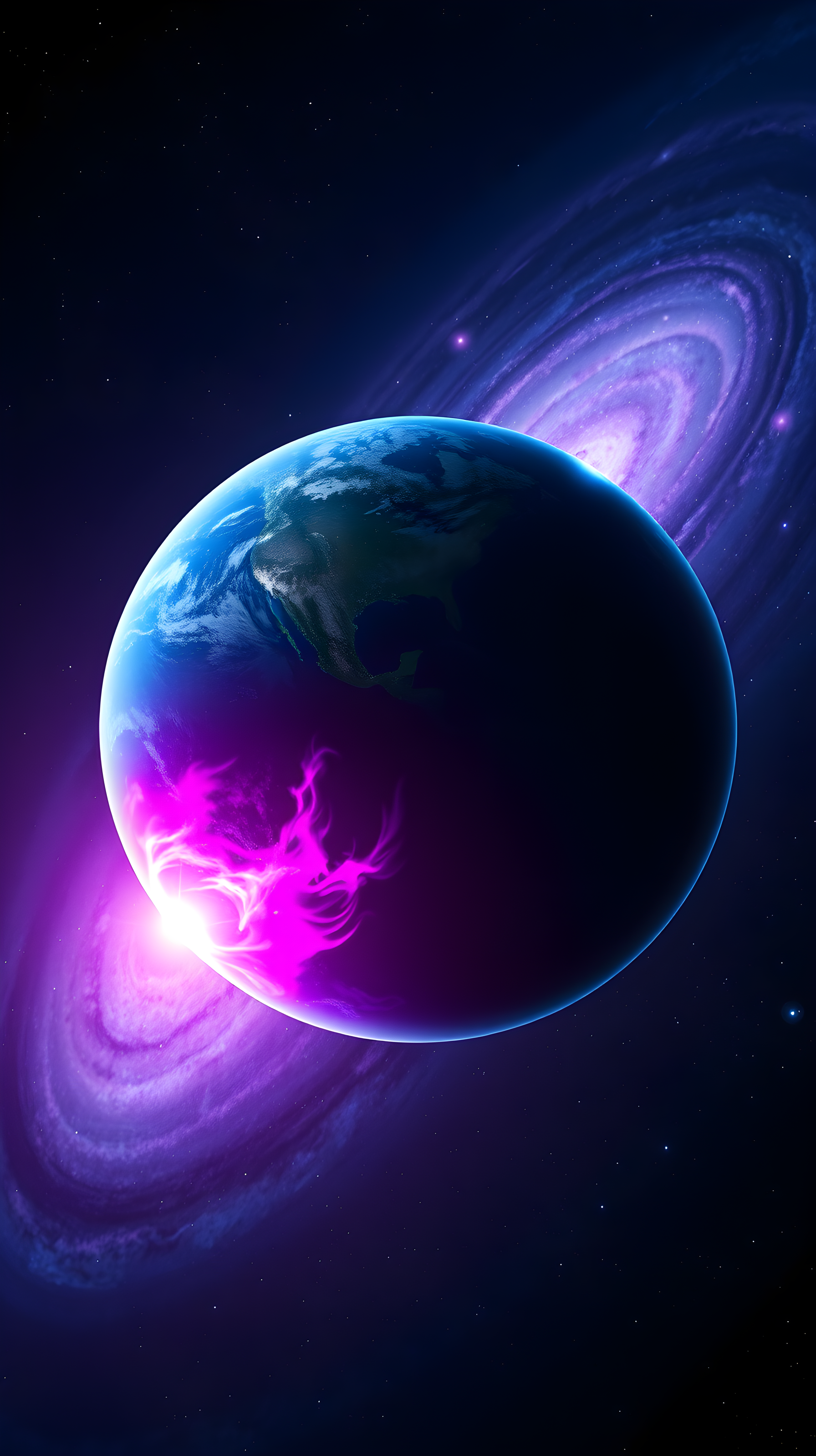 Cosmic Planet with Vibrant Aurora and Spiral Galaxy, planet, space, galaxy, aurora, cosmic, neon