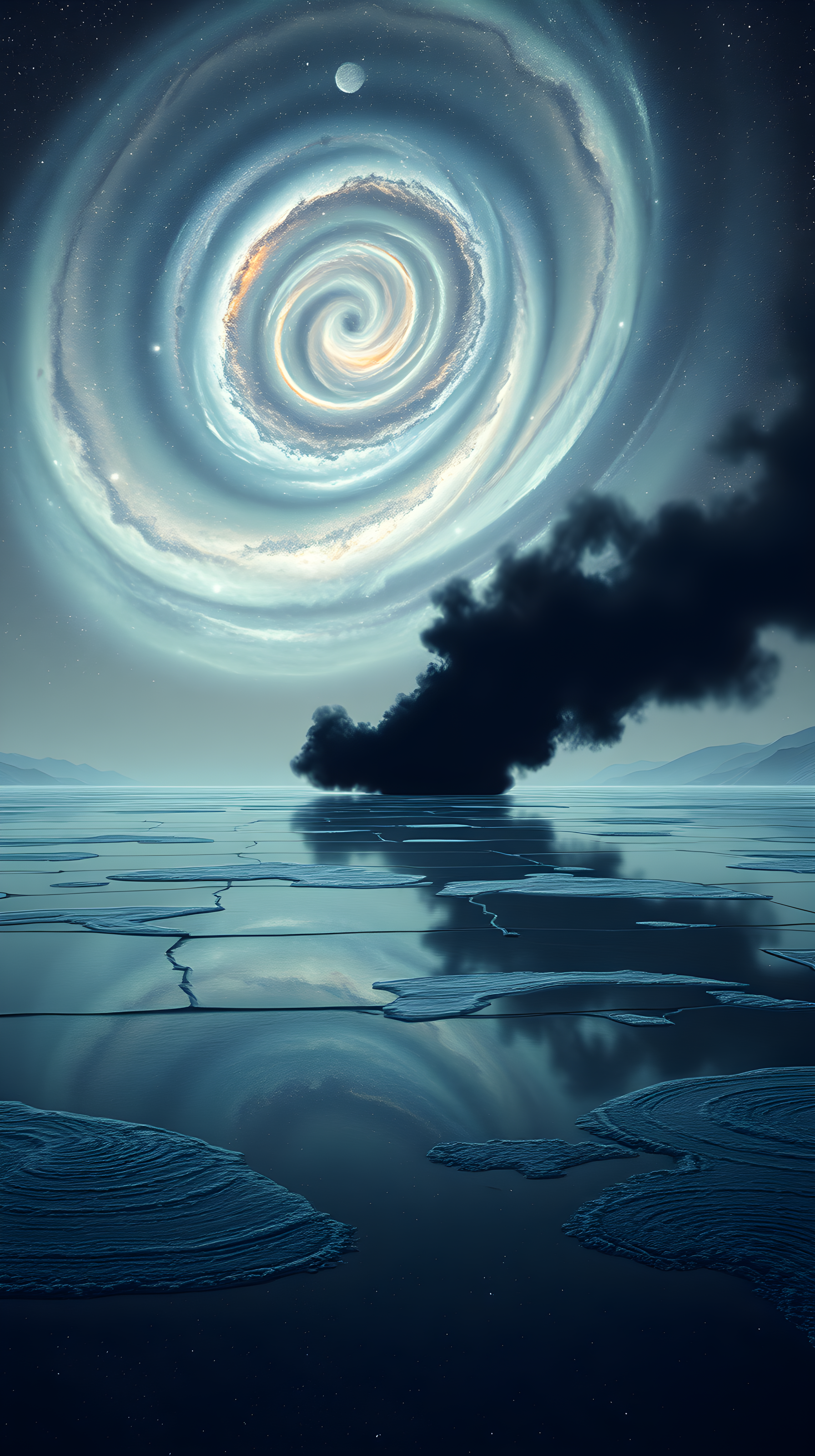 Cosmic Swirl Galaxy Over Icy Lake Fantasy Wallpaper, cosmic, galaxy, space, nebula, fantasy art, icy landscape