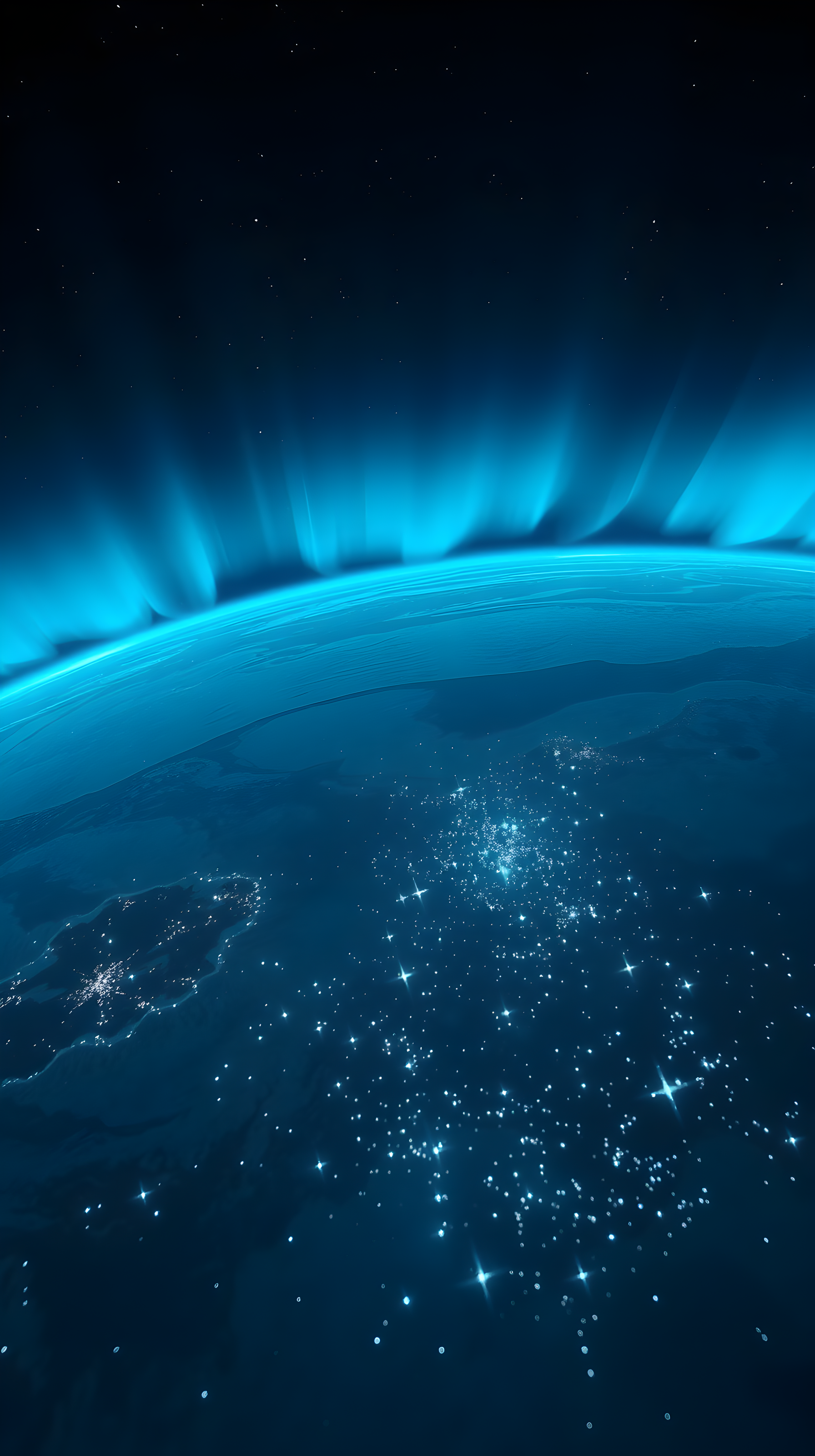 Stunning Earth from Space with Blue Aurora City Lights, earth from space, aurora, city lights, night sky, blue aesthetic, celestial