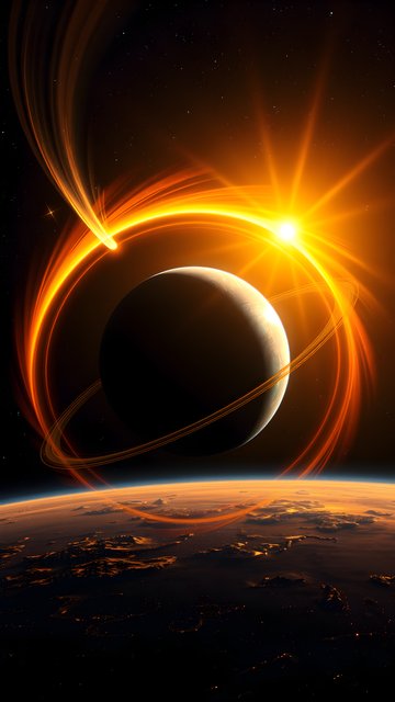 Dynamic Cosmic Journey: Ringed Planet & Golden Starburst
