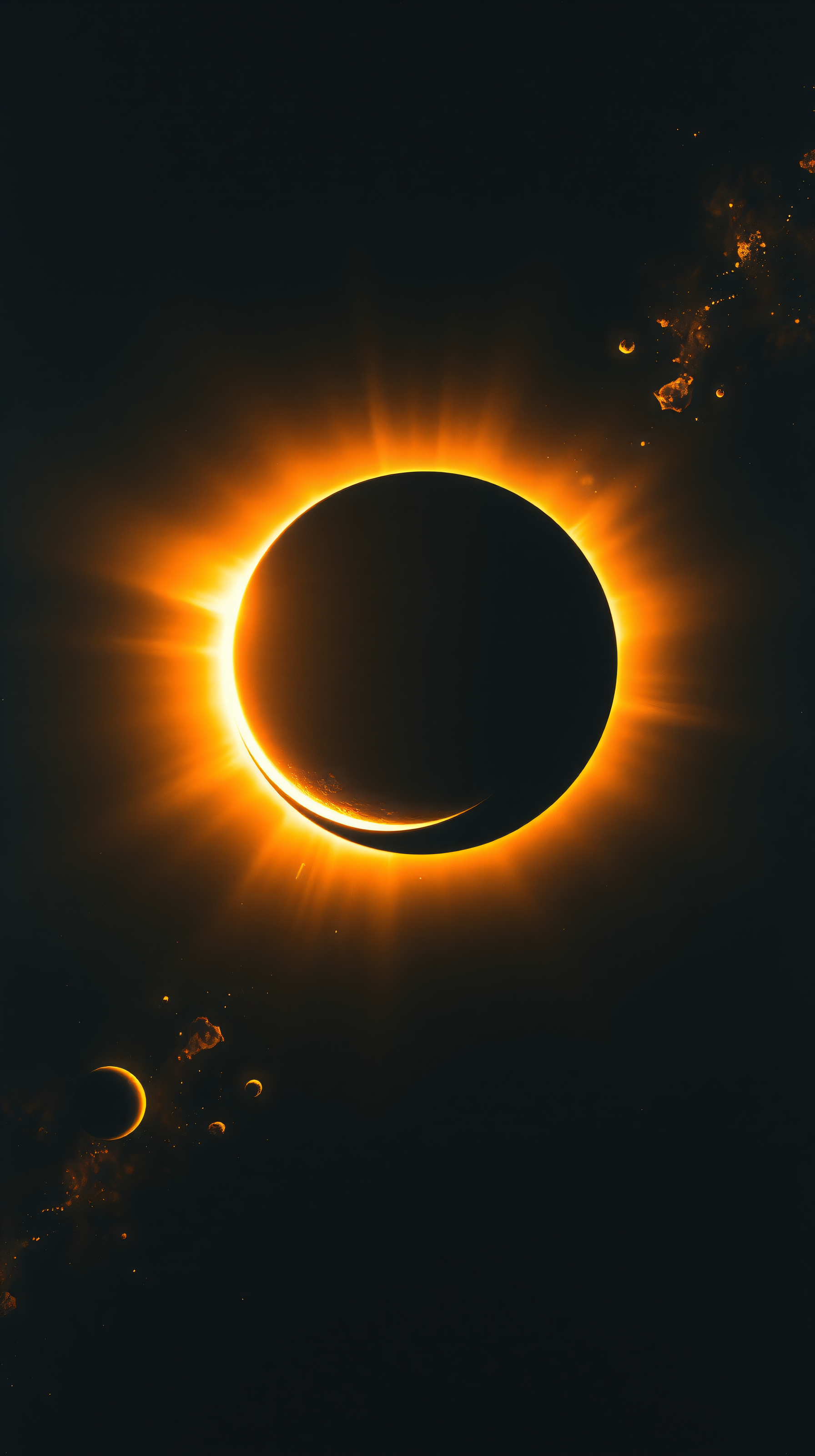 Dramatic Solar Eclipse with Fiery Orange Corona, solar eclipse, total eclipse, space, cosmos, celestial, orange