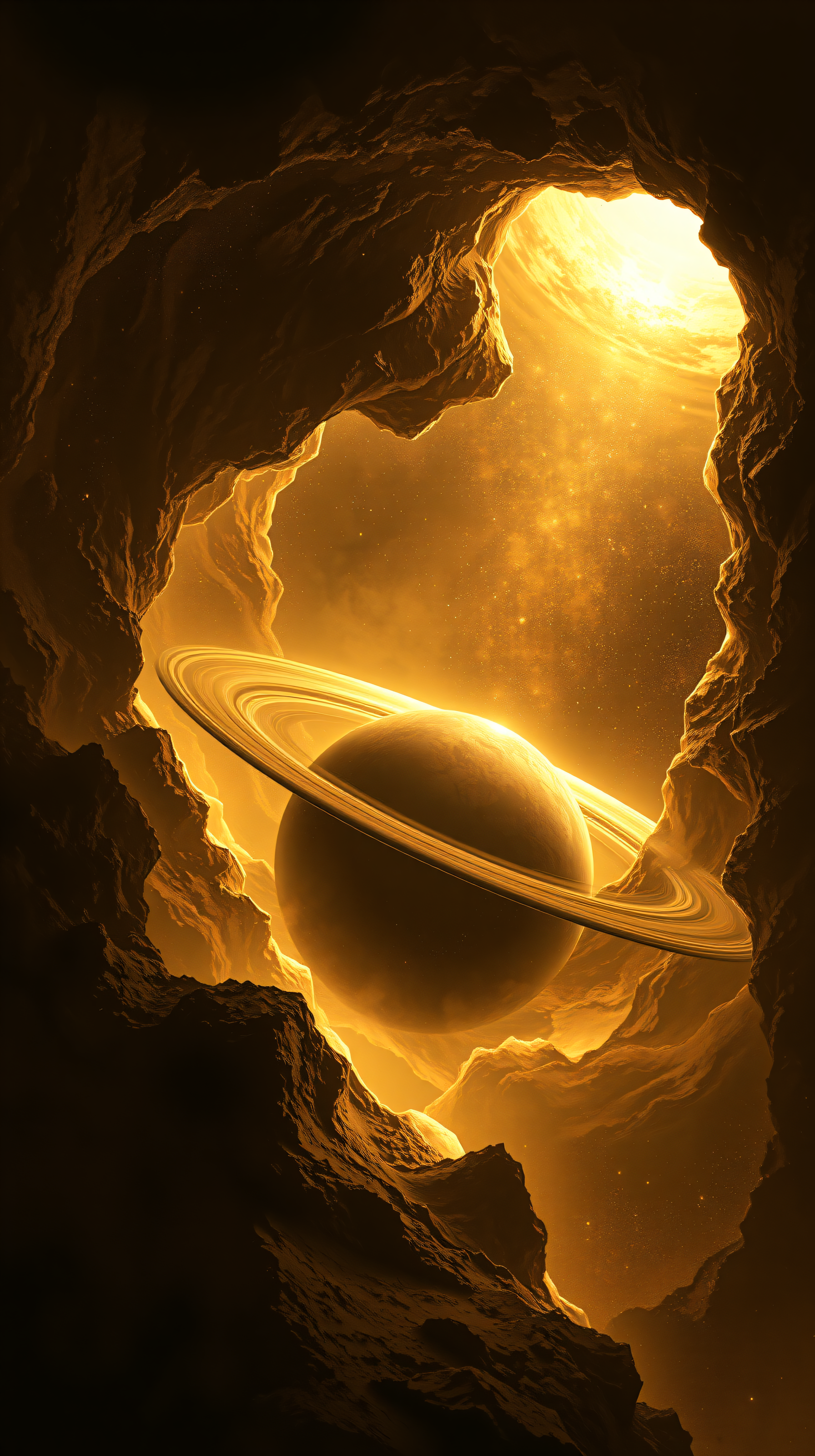 Golden Ringed Planet in Cosmic Cave Wallpaper, space, planet, saturn rings, cosmic cave, golden light, sci-fi