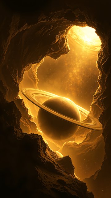 Golden Ringed Planet in Cosmic Cave Wallpaper