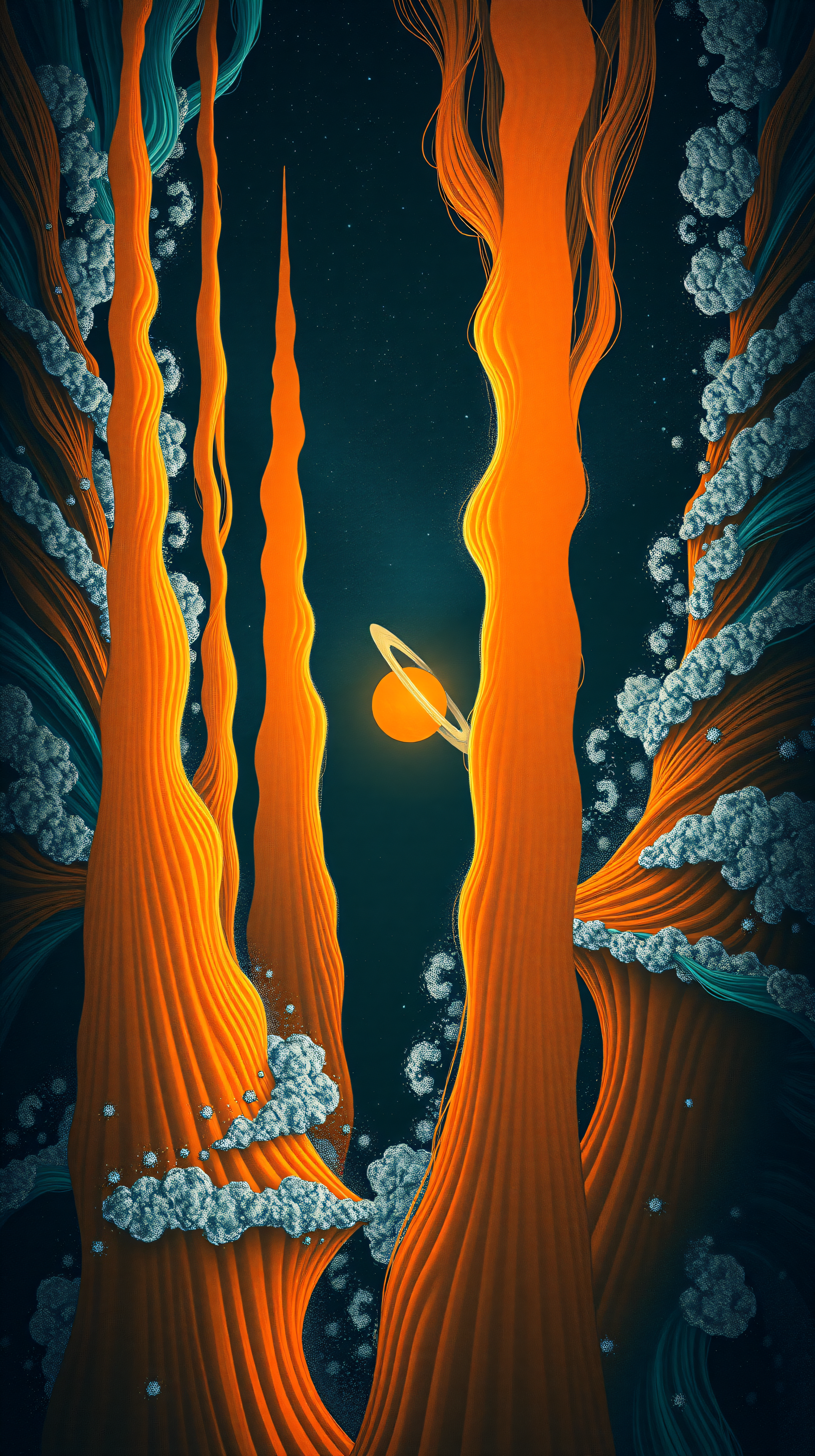 Surreal Cosmic Forest with Ringed Planet Wallpaper, surreal, fantasy, space, planet, cosmic, orange