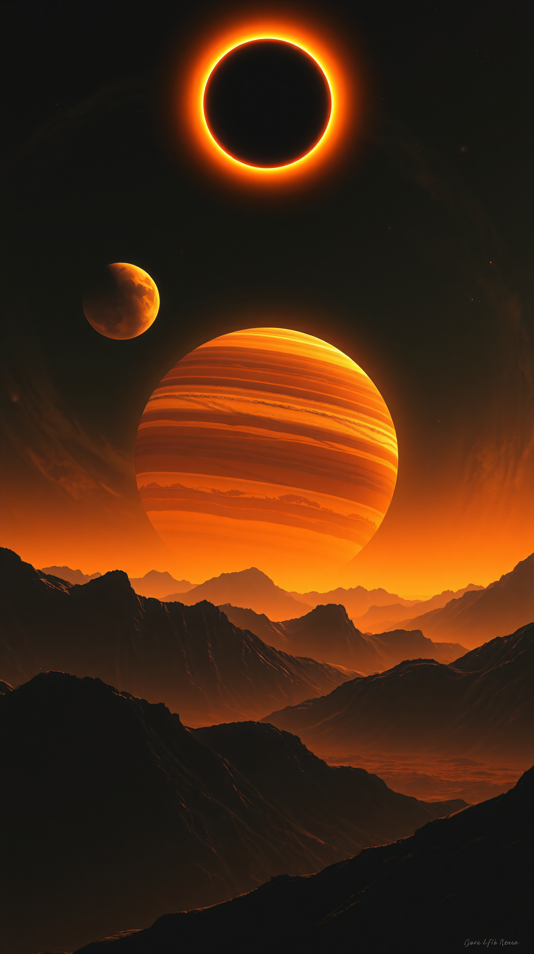 Dramatic Alien Eclipse & Striped Planet Landscape, alien landscape, space art, solar eclipse, gas giant, striped planet, sci-fi wallpaper