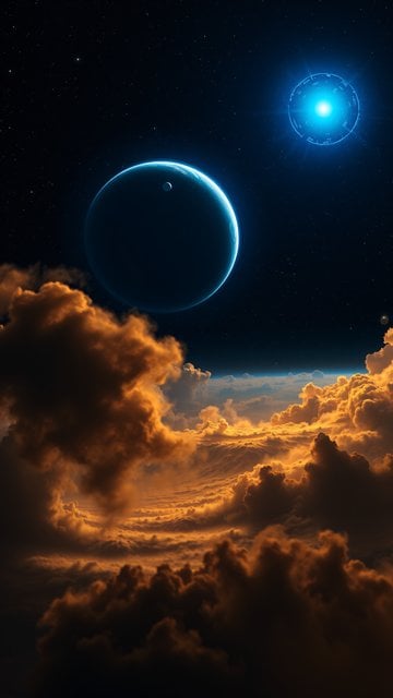 Cosmic Orange Clouds, Blue Planet & Starry Space