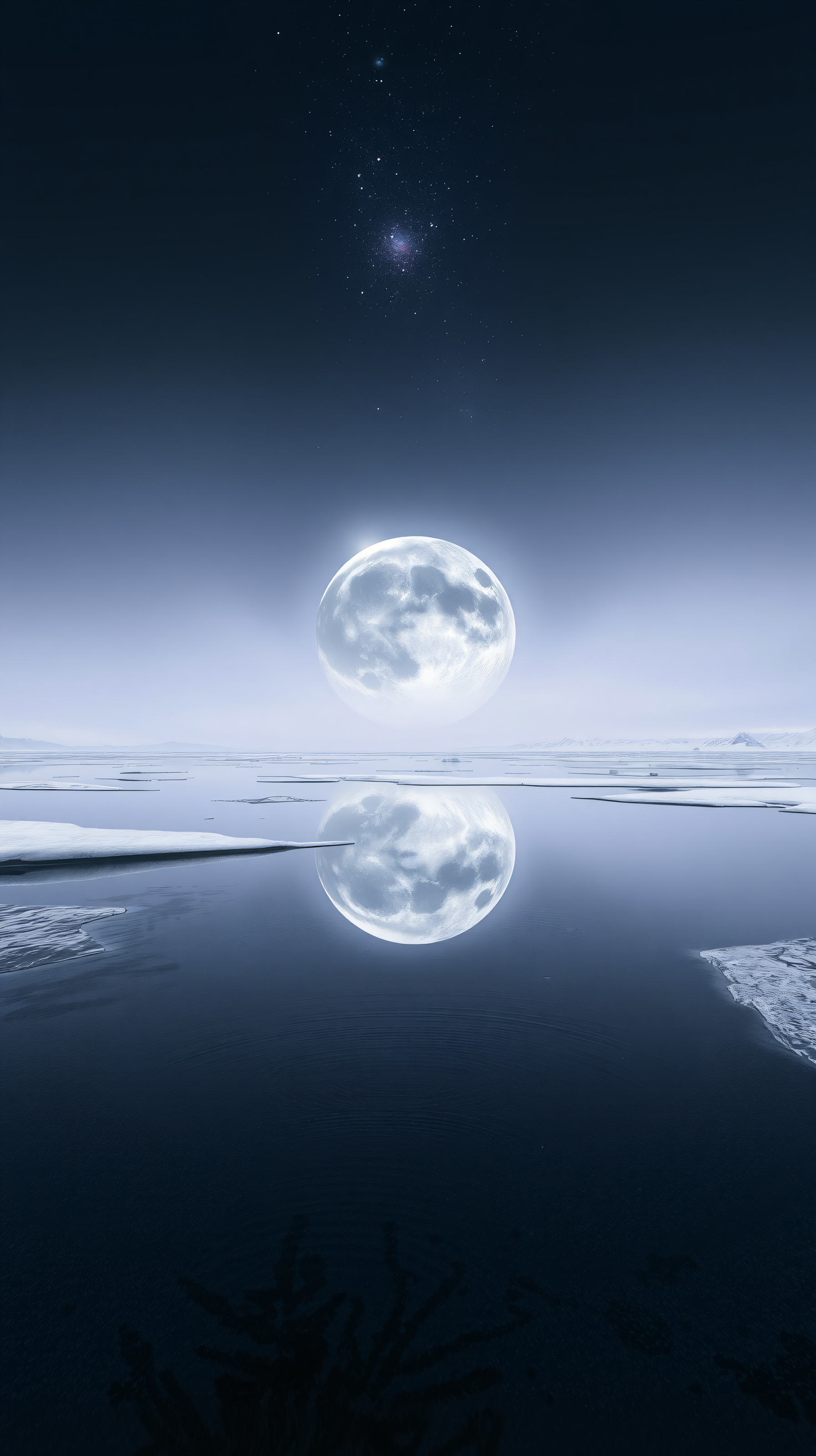 Ethereal Full Moon Reflection on Icy Lake, full moon, moon reflection, icy lake, arctic, winter night, stars