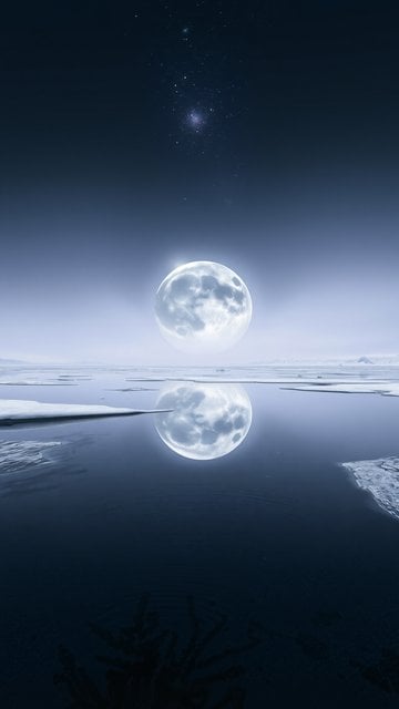 Ethereal Full Moon Reflection on Icy Lake