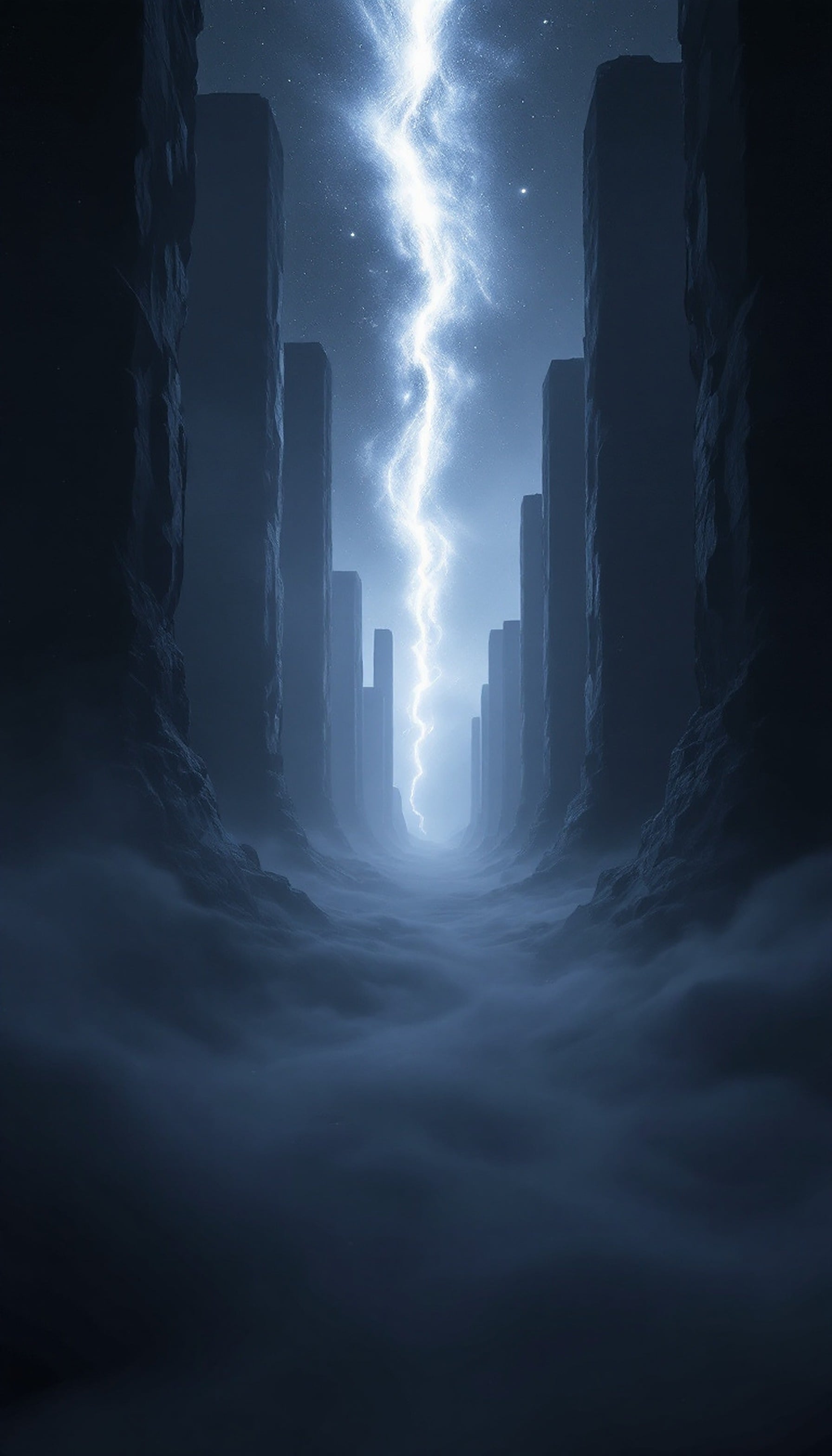 Mystic Lightning Gorge: Dark Blue Sky & Fog, lightning, gorge, canyon, dark fantasy, mystical, foggy