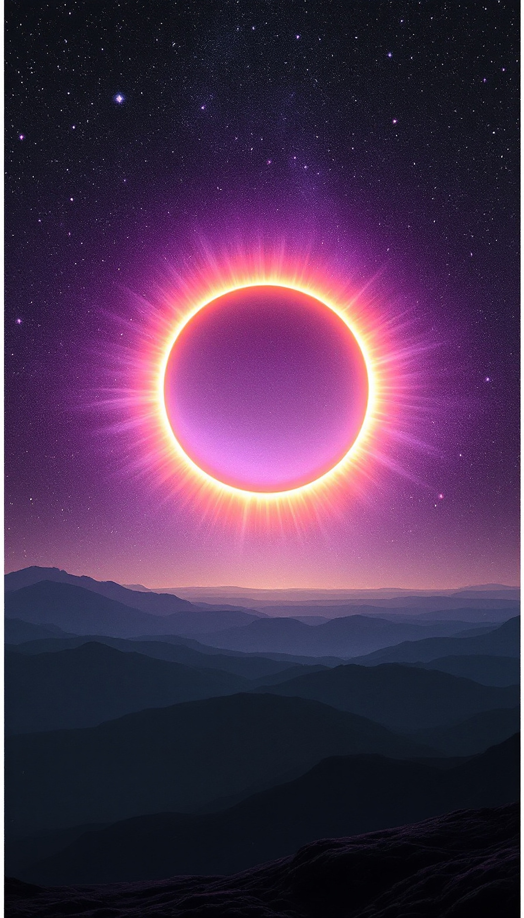 Cosmic Eclipse over Mystical Mountains Wallpaper, cosmic eclipse, mountain wallpaper, space wallpaper, purple sunset, fantasy landscape, celestial background