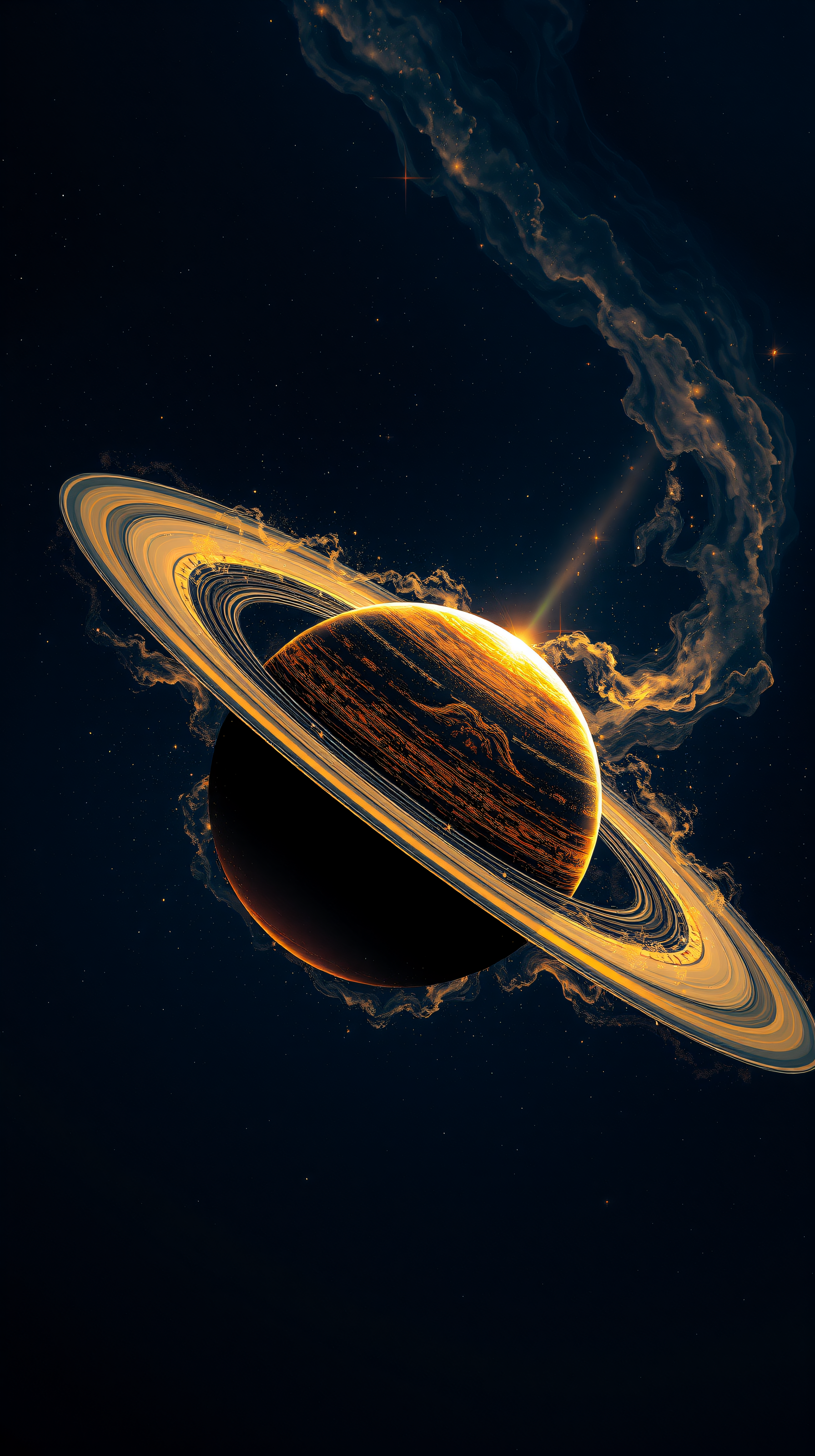 Golden Saturn in Cosmic Nebula Space Wallpaper, saturn, planet, space, nebula, galaxy, cosmos
