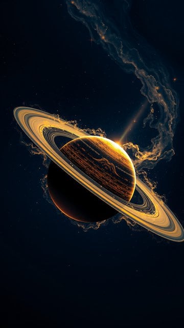 Golden Saturn in Cosmic Nebula Space Wallpaper