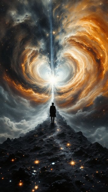 Cosmic Journey Man Towards Nebula Light Beam