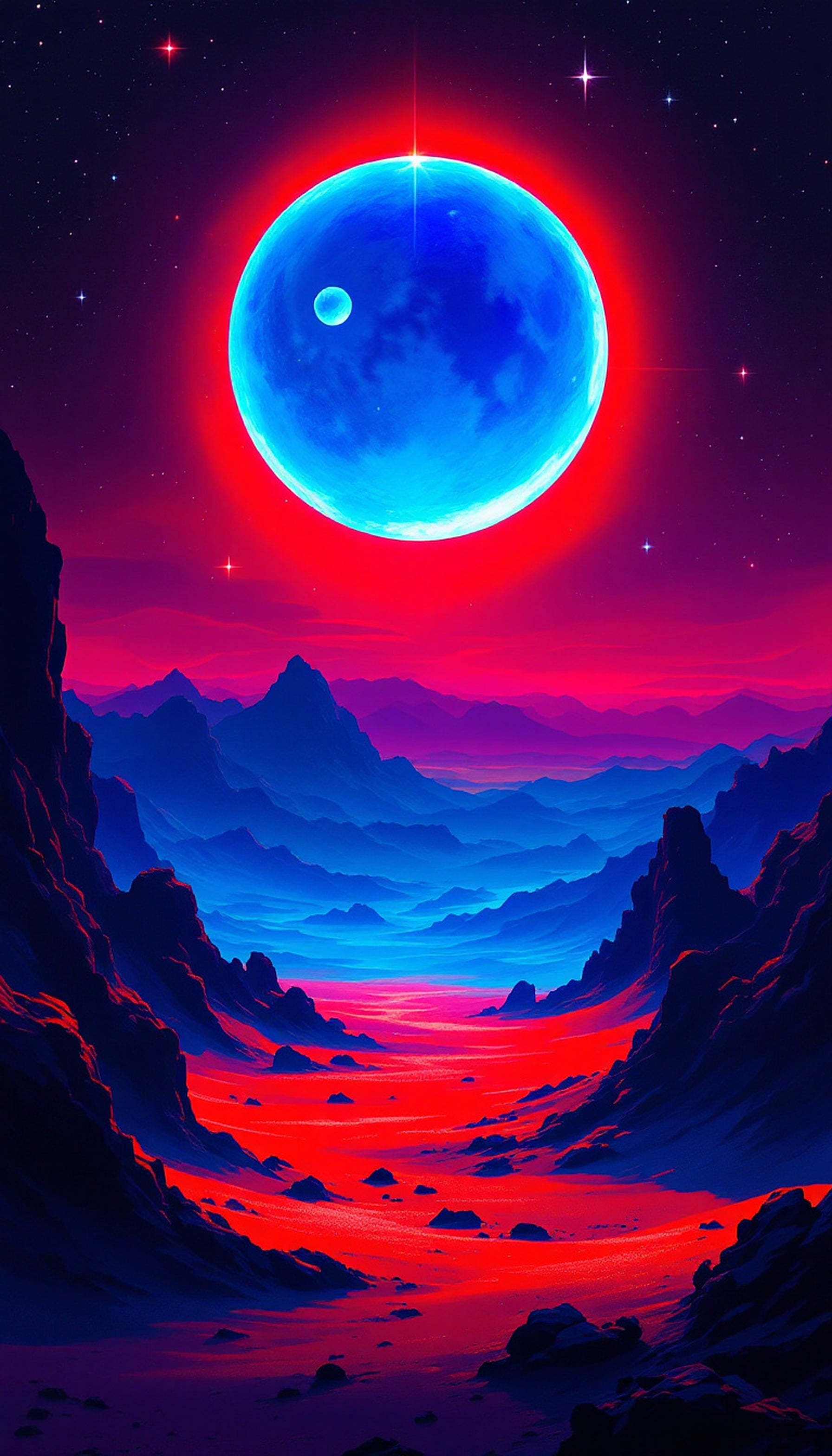 Neon Alien Planet Landscape, Sci-Fi Moon, alien planet, sci-fi landscape, neon colors, futuristic, space wallpaper, red blue aesthetic