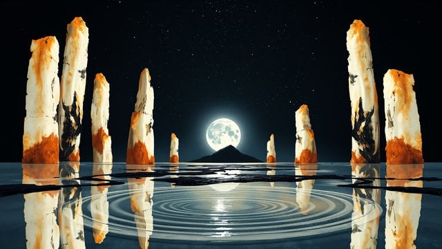 Mystical Moonlit Pillars Over Water