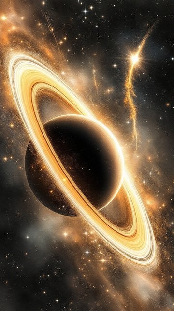 Golden Ringed Planet in Starry Galaxy Space