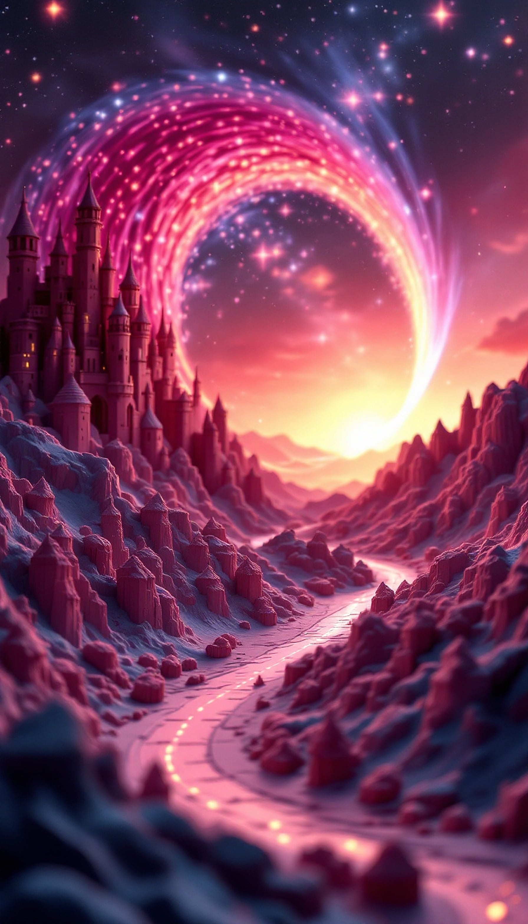 Magical Castle Valley Portal Fantasy Wallpaper, fantasy wallpaper, magic castle, pink valley, glowing path, starry portal, dreamy aesthetic