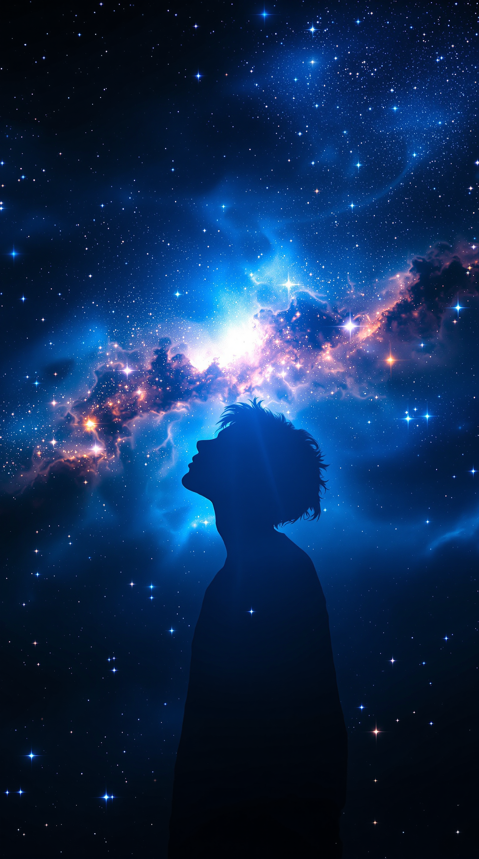 Stargazer Silhouette Under Cosmic Nebula Sky, galaxy wallpaper, space art, stargazer, silhouette, nebula, cosmic