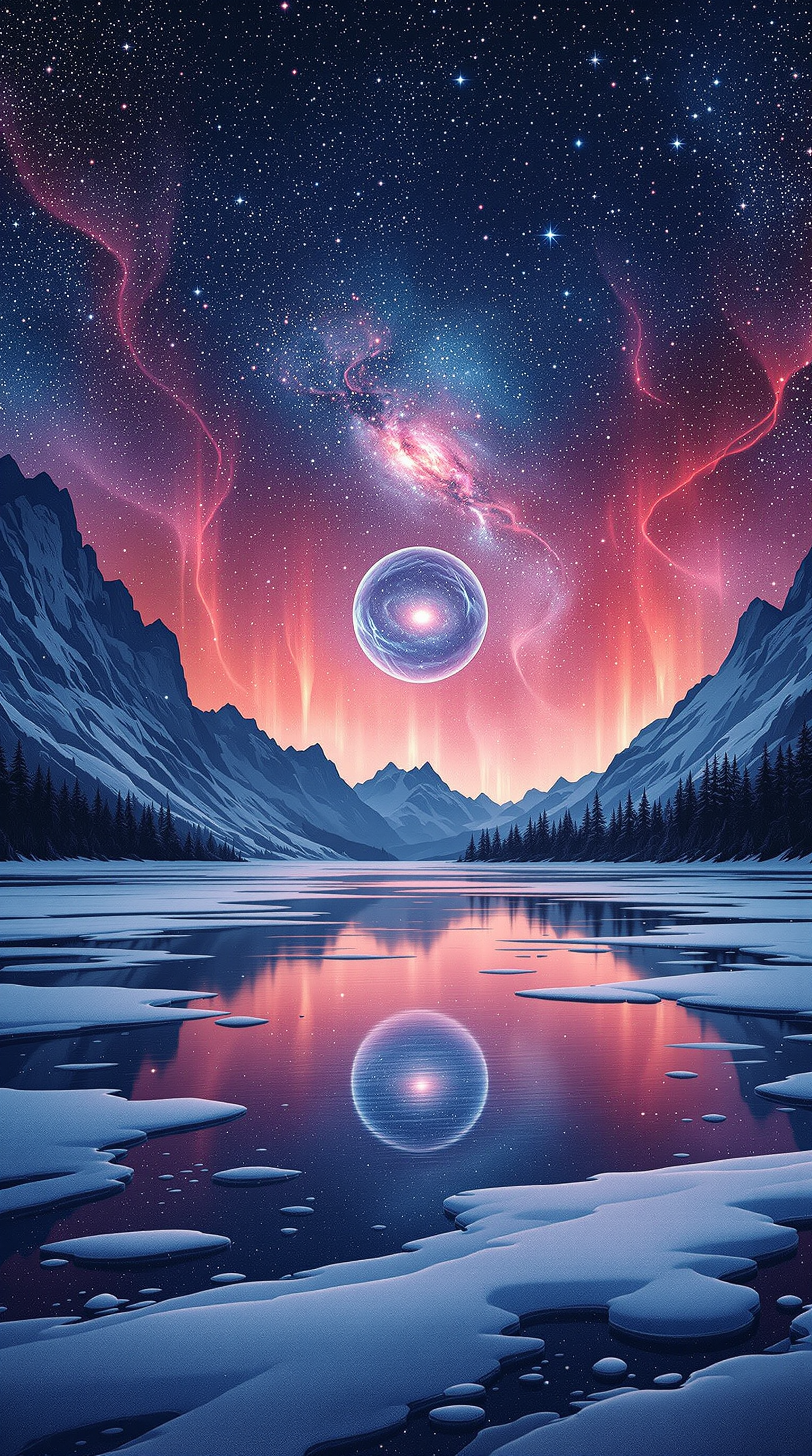 Cosmic Winter Lake with Aurora & Nebula Portal, cosmic winter lake, aurora sky, nebula portal, space landscape, fantasy art, starry night